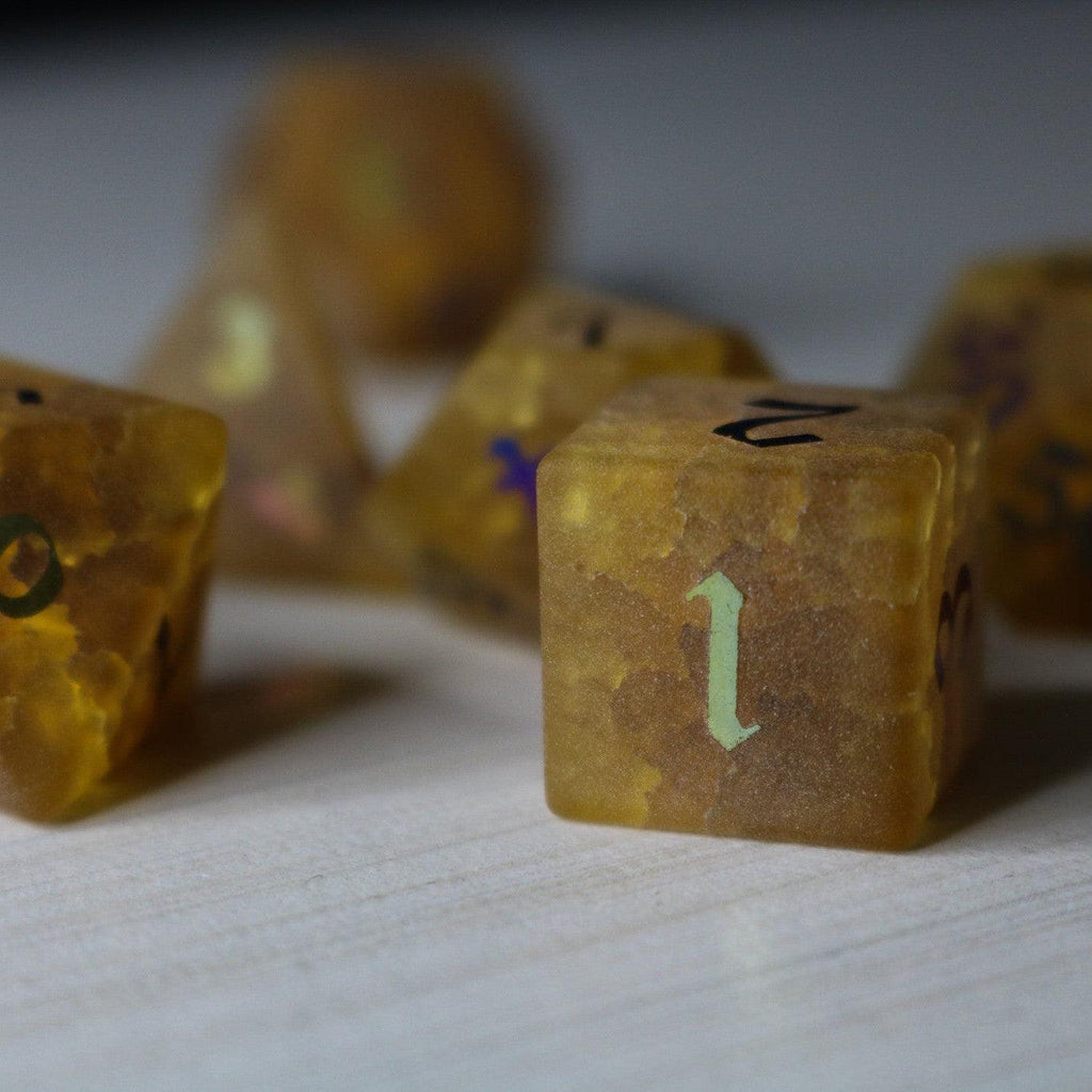 Orange Halloween Pumpkin Inked Lightning Cracked Glass DND Dice Set | Gemstone Dice | Wiccan Center