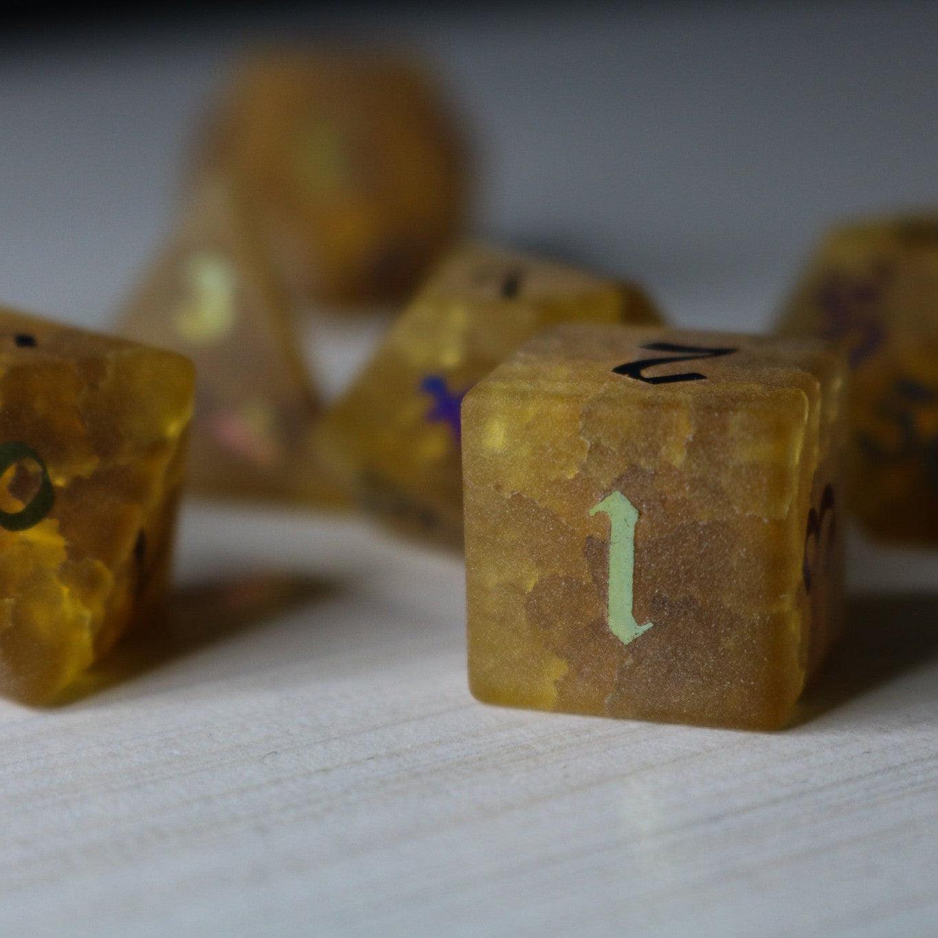 Orange Halloween Pumpkin Inked Lightning Cracked Glass DND Dice Set | Gemstone Dice | Wiccan Center