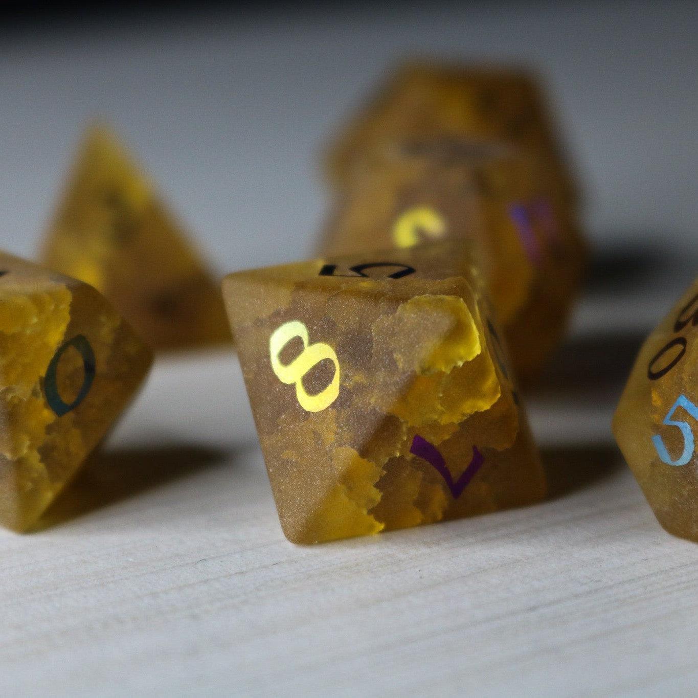 Orange Halloween Pumpkin Inked Lightning Cracked Glass DND Dice Set | Gemstone Dice | Wiccan Center