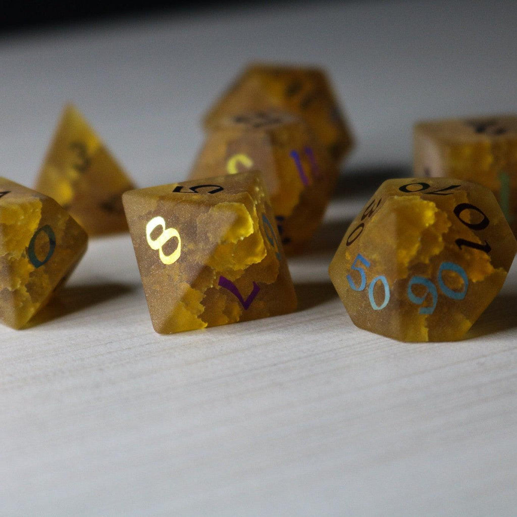 Orange Halloween Pumpkin Inked Lightning Cracked Glass DND Dice Set | Gemstone Dice | Wiccan Center