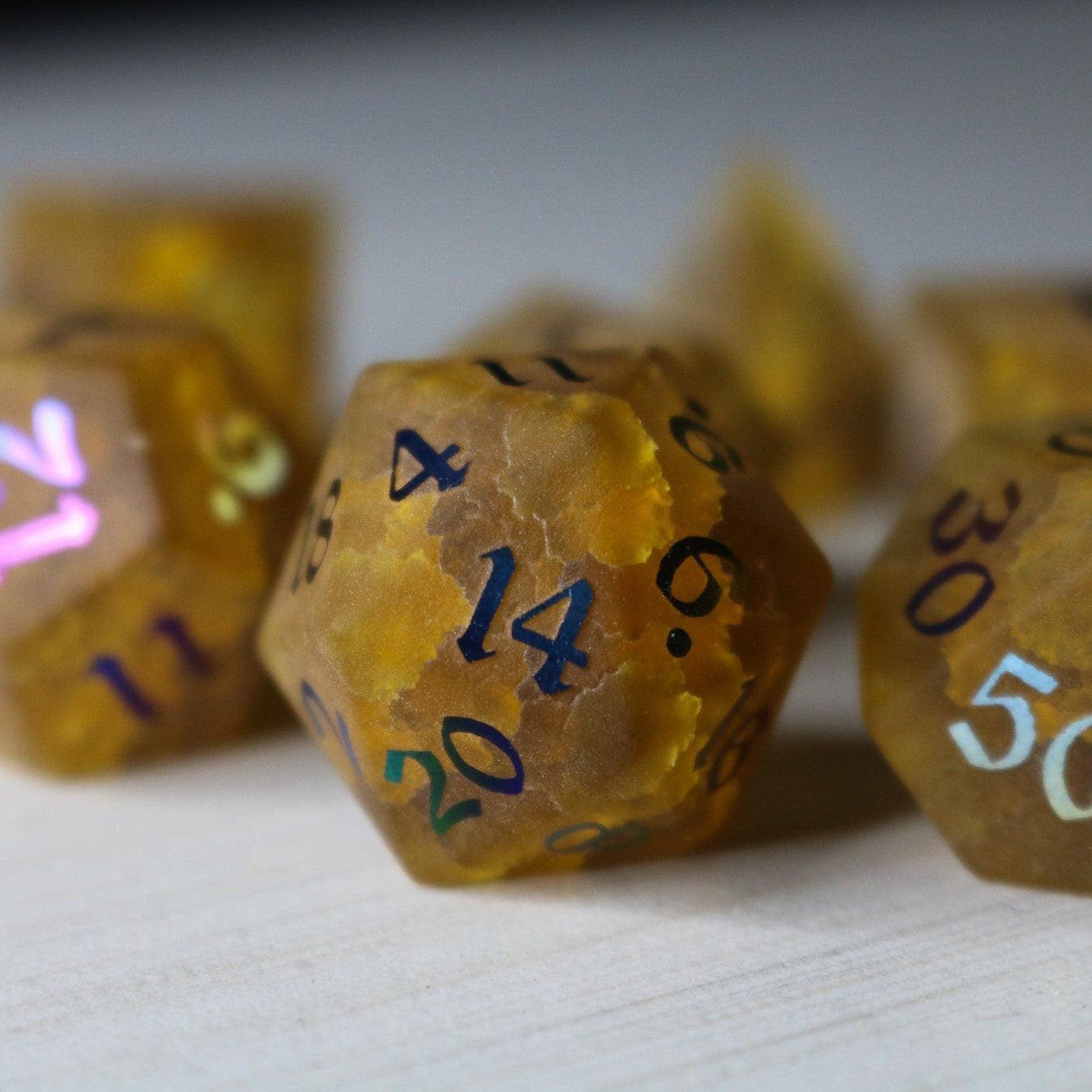 Orange Halloween Pumpkin Inked Lightning Cracked Glass DND Dice Set | Gemstone Dice | Wiccan Center