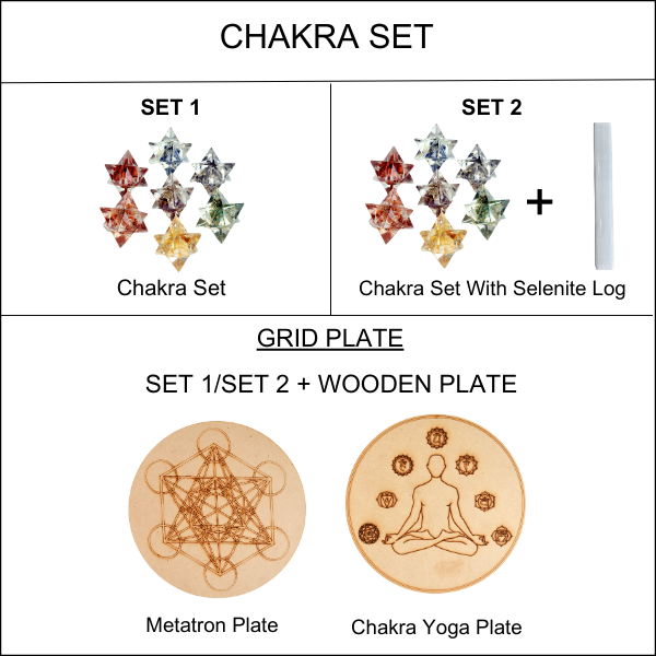 7 Chakra Orgone Merkaba Set, Chakra Crystals Set with Wooden Grid Plate, Selenite Log | Merkaba & Platonic Solids | Wiccan Center