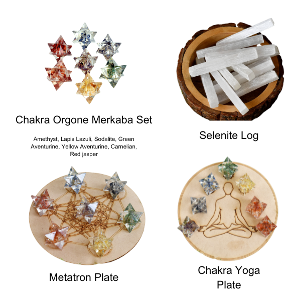7 Chakra Orgone Merkaba Set, Chakra Crystals Set with Wooden Grid Plate, Selenite Log | Merkaba & Platonic Solids | Wiccan Center