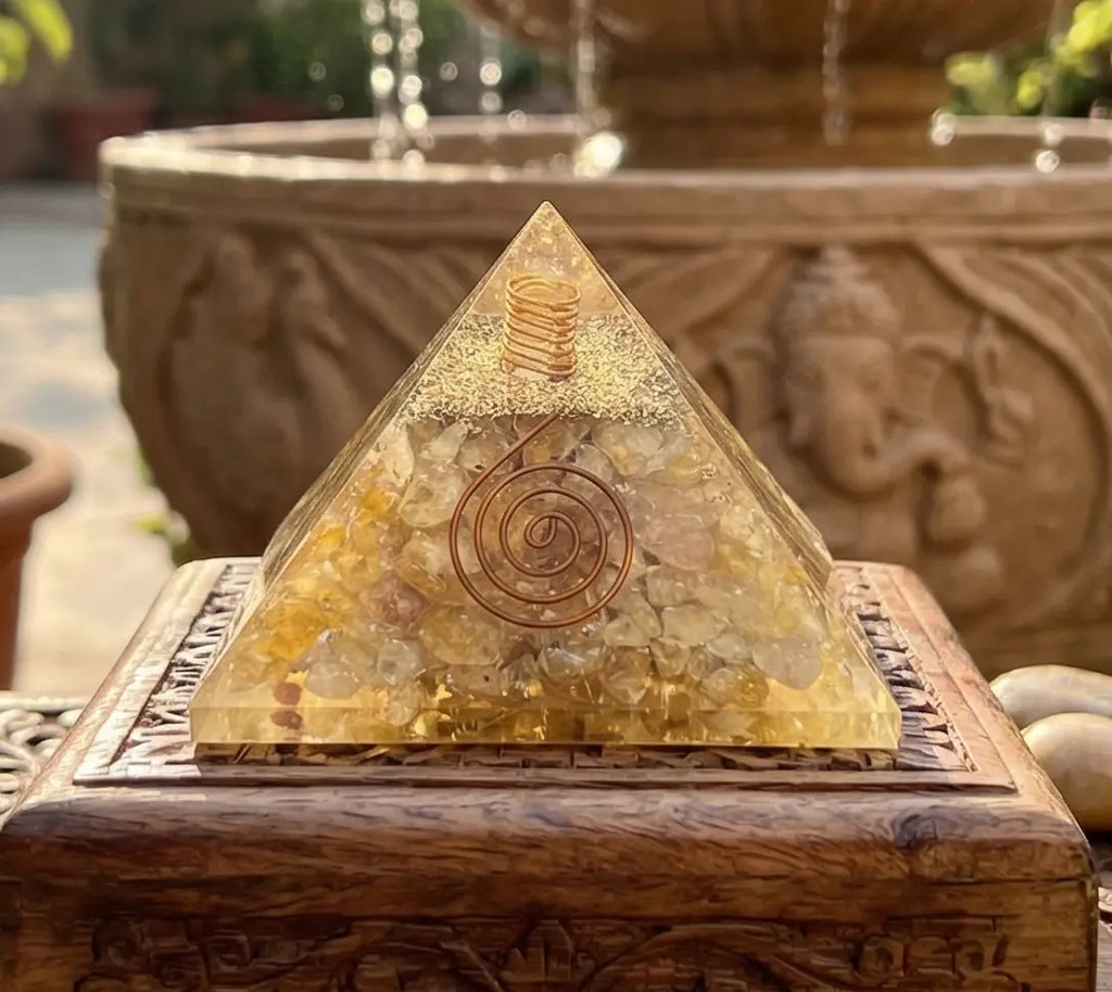 Golden Yellow Quartz Crystal Resin Pyramid Gemstone Decor Carving | Home & Living > Home Decor > Home Accents > Rocks & Geodes | Wiccan Center