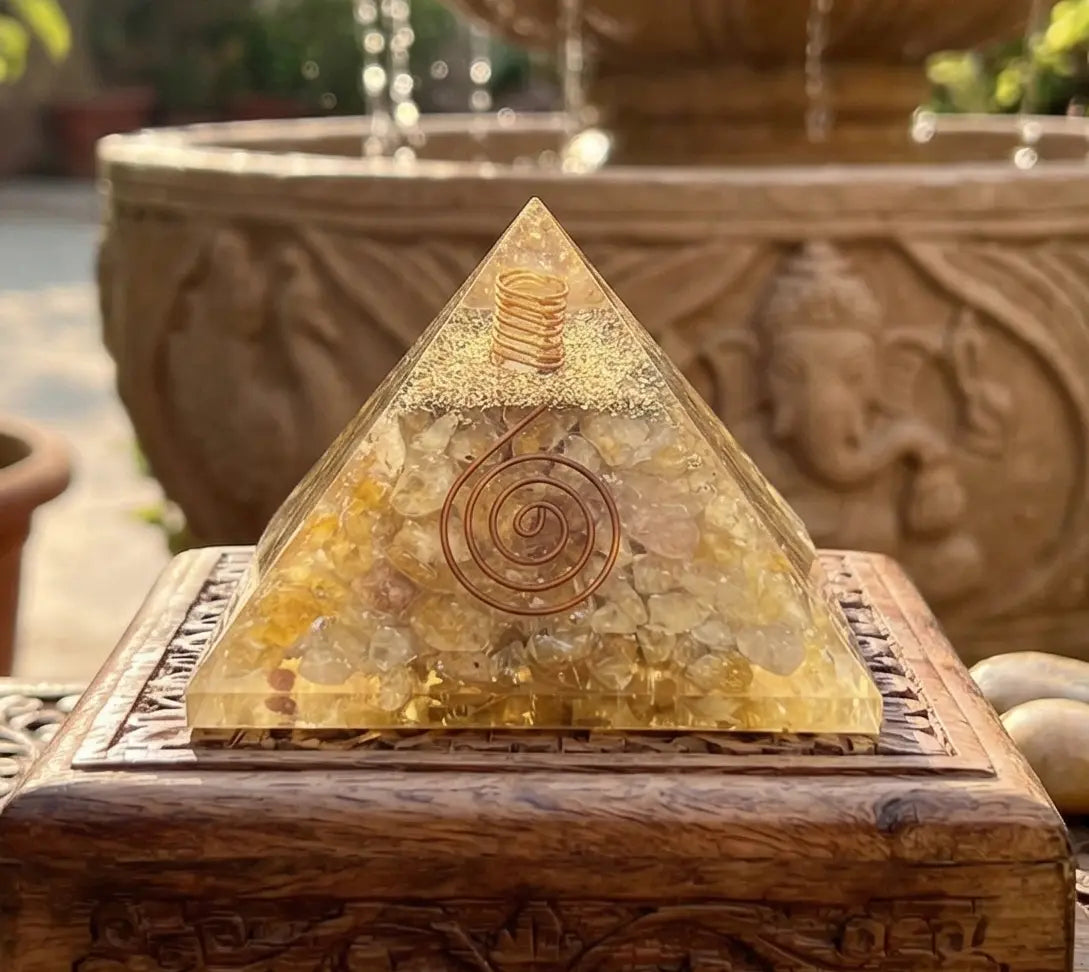Golden Yellow Quartz Crystal Resin Pyramid Gemstone Decor Carving | Home & Living > Home Decor > Home Accents > Rocks & Geodes | Wiccan Center