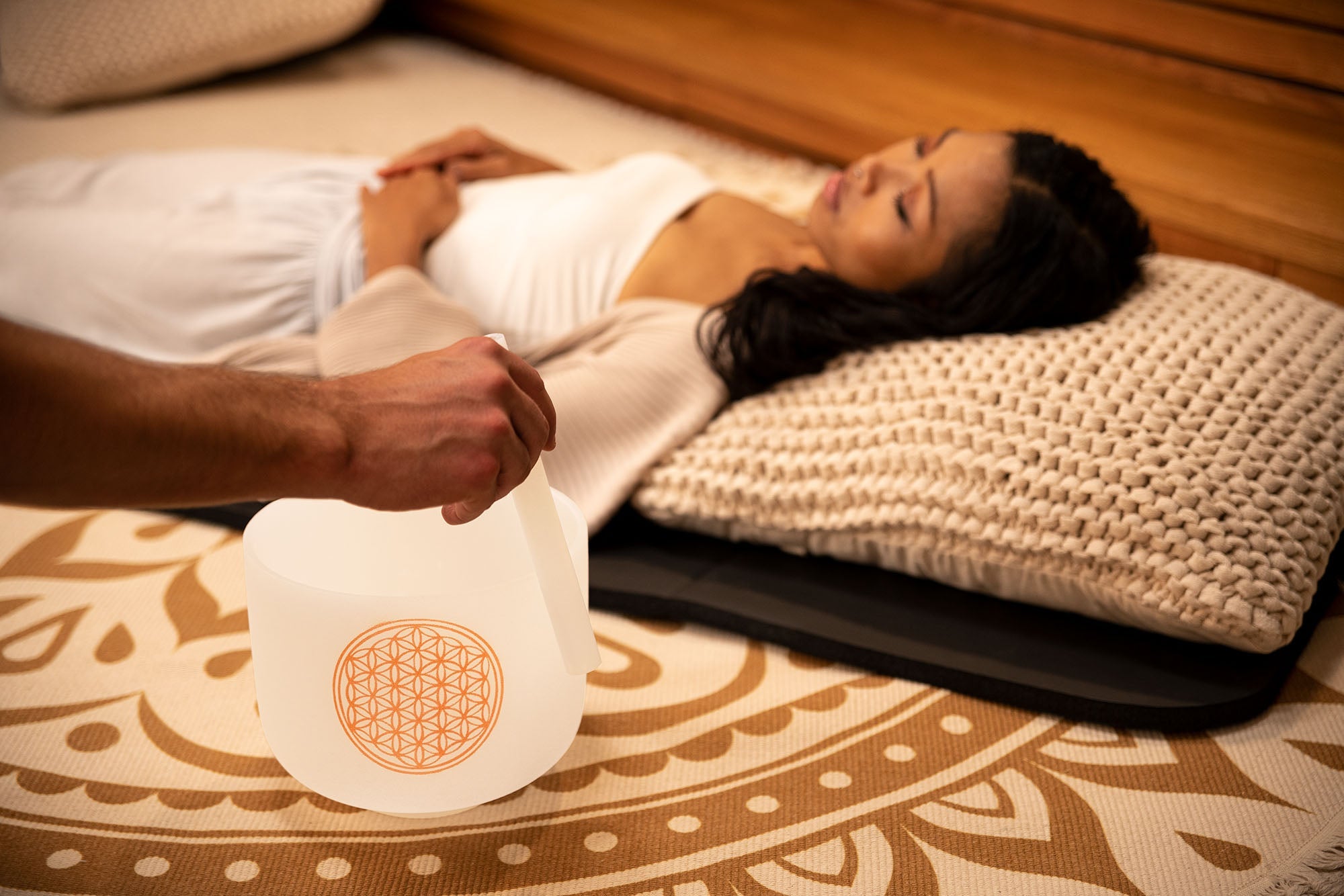 8" White-Frosted Crystal Singing Bowl, Flower of Life 128 Hz | | Wiccan Center