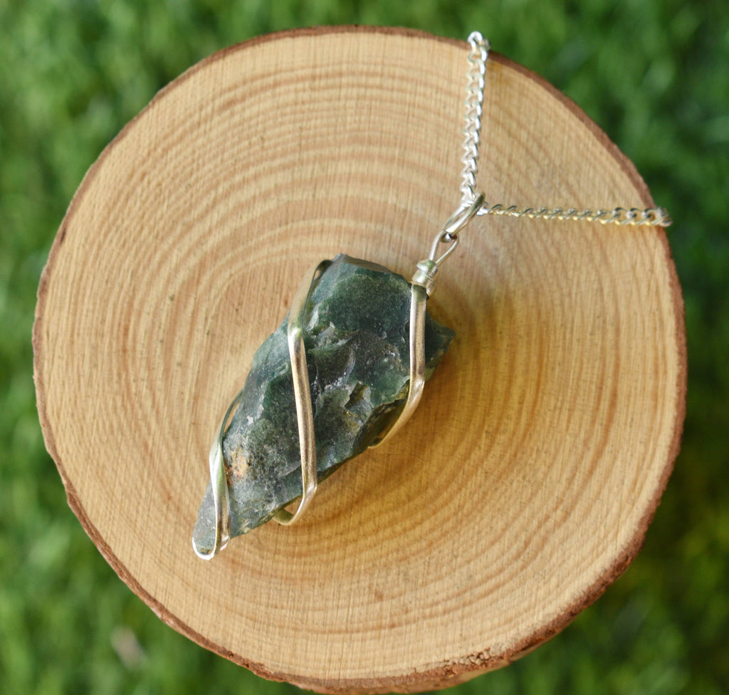 Moss Agate Raw Gemstone Pendant, Wire Wrapped Crystal Stone Pendant
