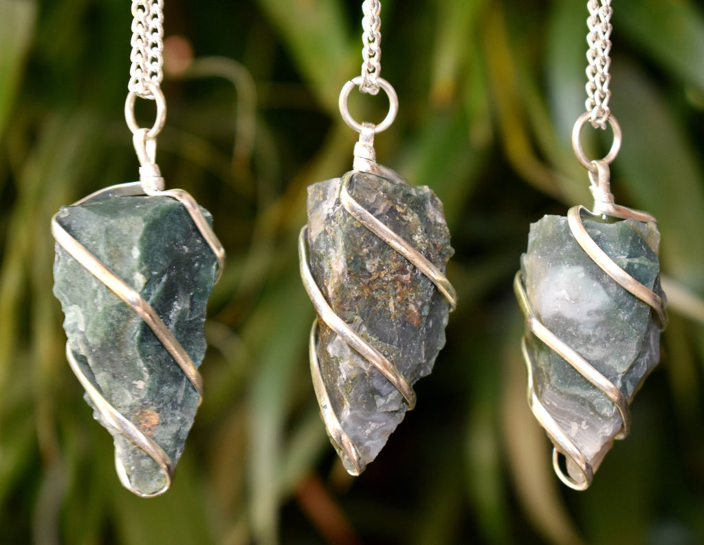 Moss Agate Raw Gemstone Pendant, Wire Wrapped Crystal Stone Pendant