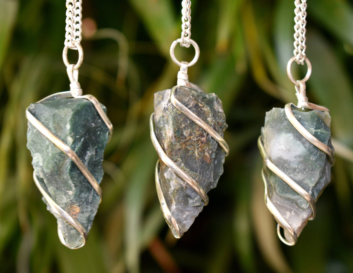 Moss Agate Raw Gemstone Pendant, Wire Wrapped Crystal Stone Pendant