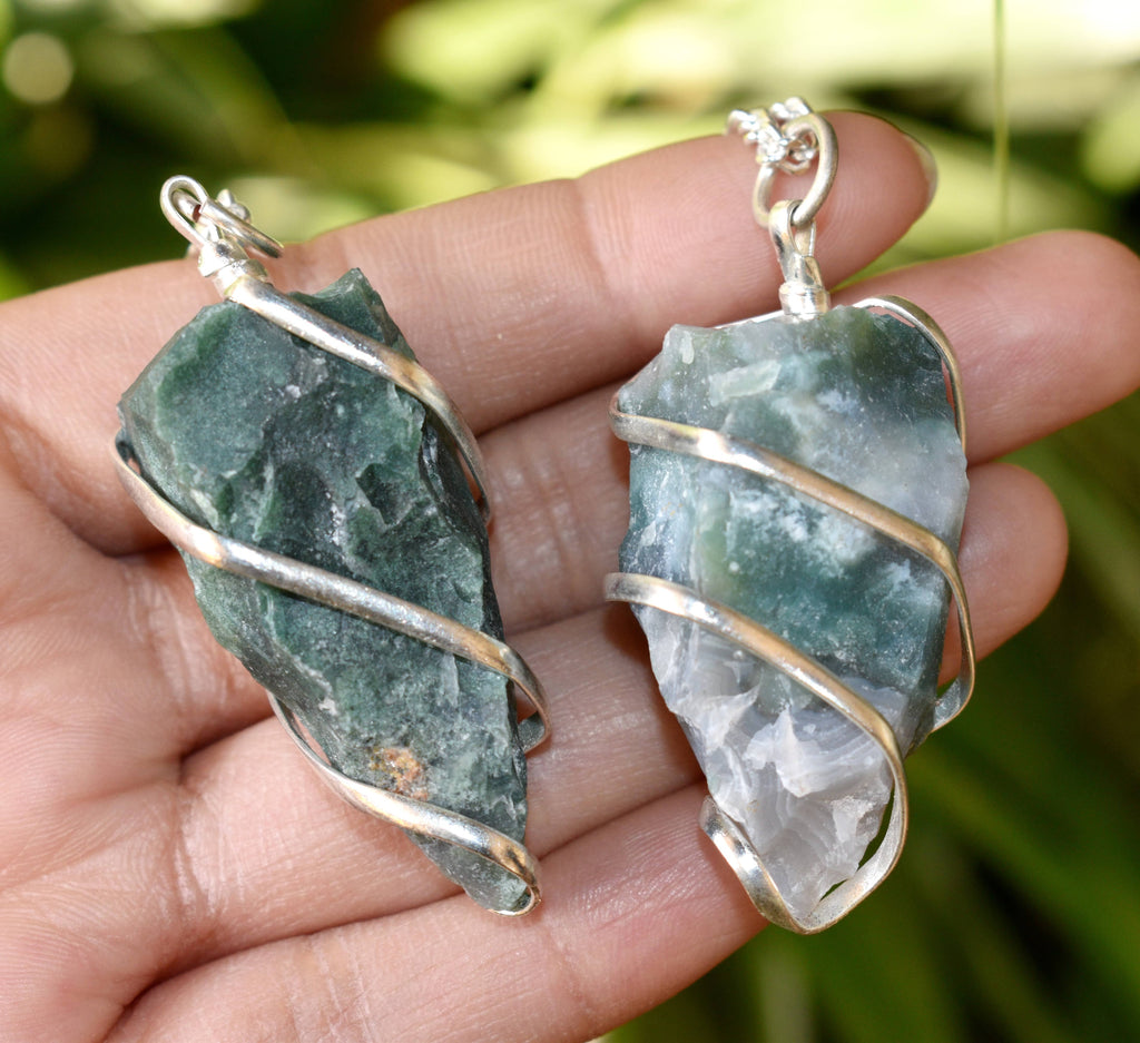 Moss Agate Raw Gemstone Pendant, Wire Wrapped Crystal Stone Pendant