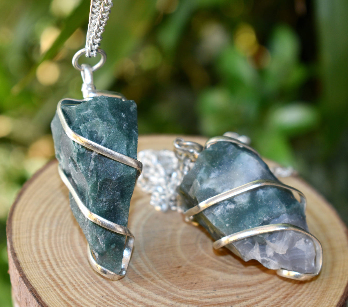 Moss Agate Raw Gemstone Pendant, Wire Wrapped Crystal Stone Pendant
