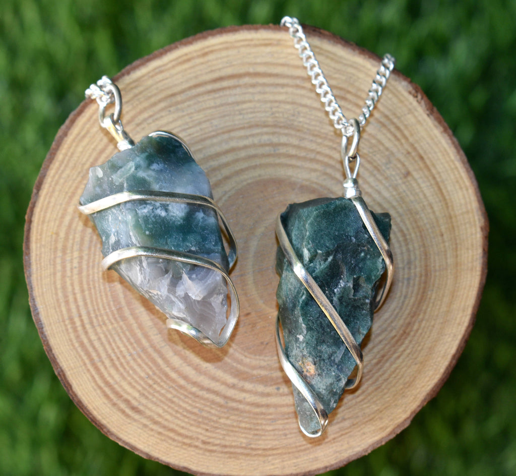 Moss Agate Raw Gemstone Pendant, Wire Wrapped Crystal Stone Pendant