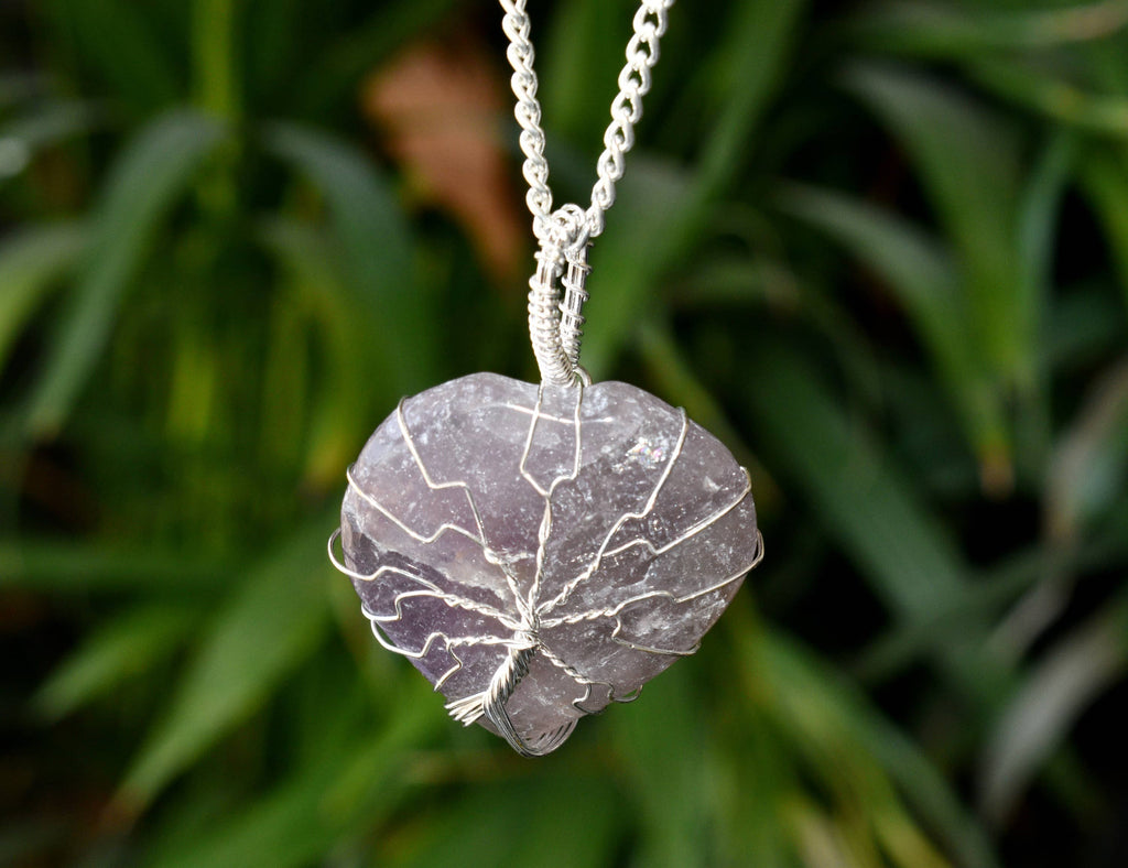 Amethyst Heart Silver Wire Wrapped Pendant, Crystal Heart Silver Wrapped Pendant | | Wiccan Center