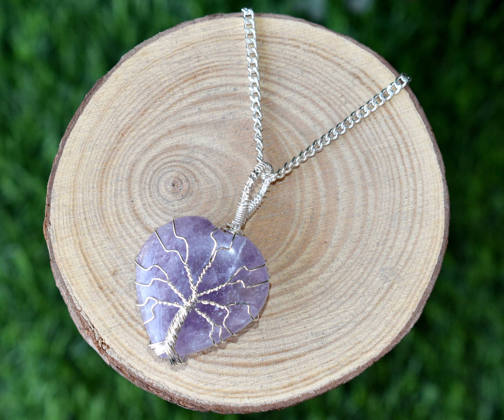 Amethyst Heart Silver Wire Wrapped Pendant, Crystal Heart Silver Wrapped Pendant | | Wiccan Center