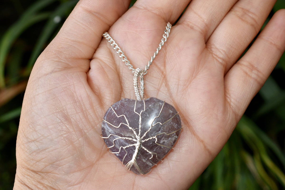 Amethyst Heart Silver Wire Wrapped Pendant, Crystal Heart Silver Wrapped Pendant | | Wiccan Center