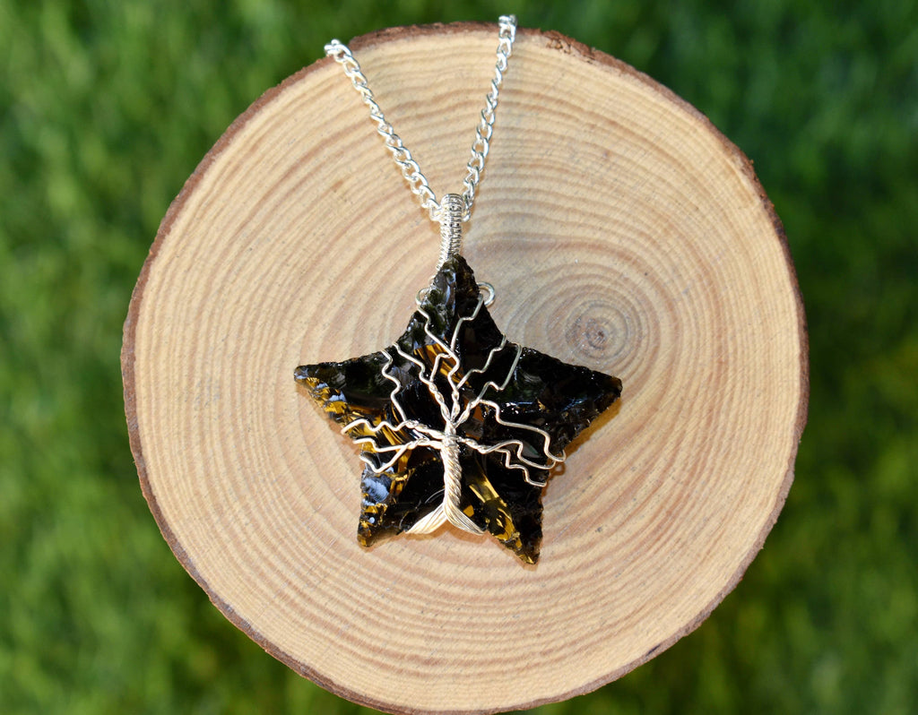 Black Obsidian Star Wire Wrapped Pendants, Silver Necklace with Chain