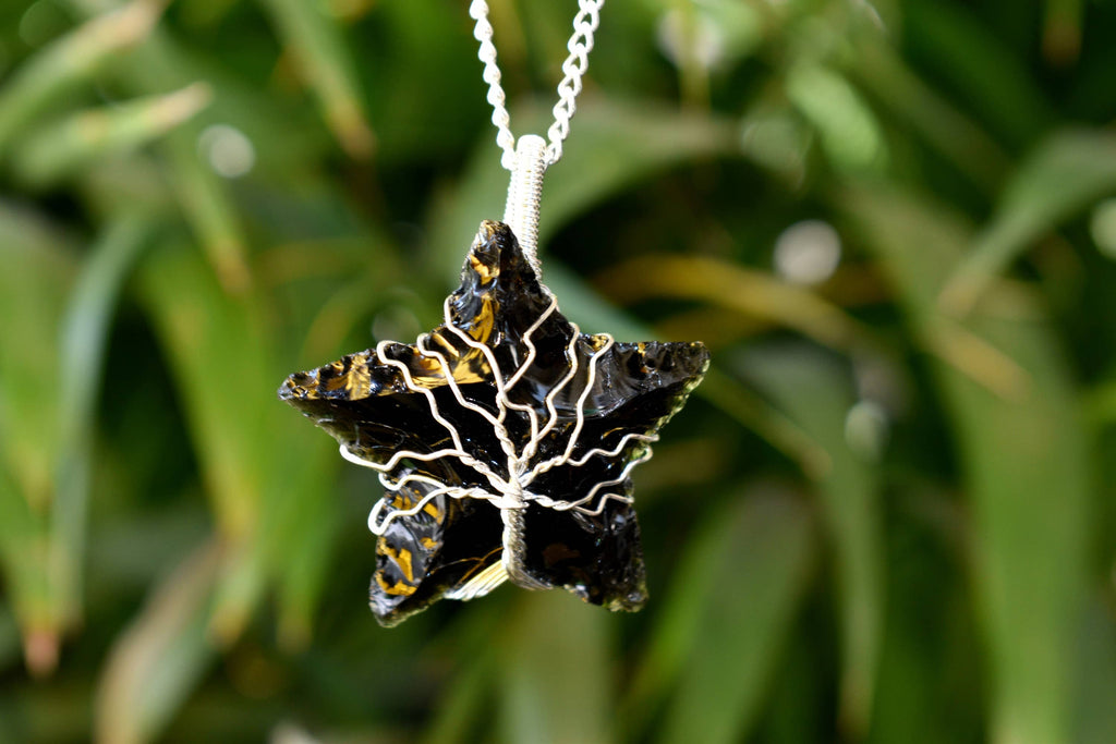 Black Obsidian Star Wire Wrapped Pendants, Silver Necklace with Chain