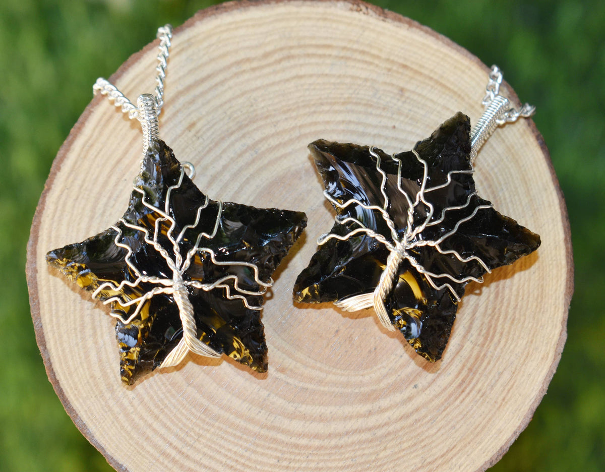 Black Obsidian Star Wire Wrapped Pendants, Silver Necklace with Chain