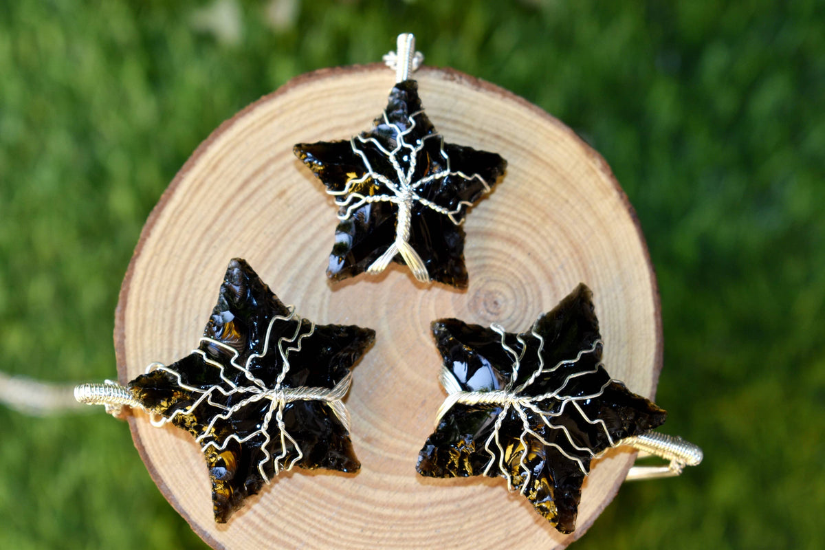 Black Obsidian Star Wire Wrapped Pendants, Silver Necklace with Chain