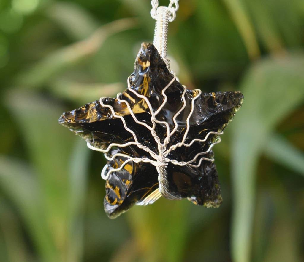 Black Obsidian Star Wire Wrapped Pendants, Silver Necklace with Chain