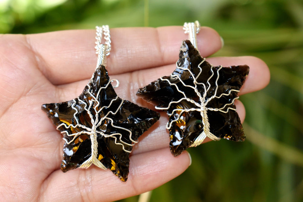 Black Obsidian Star Wire Wrapped Pendants, Silver Necklace with Chain
