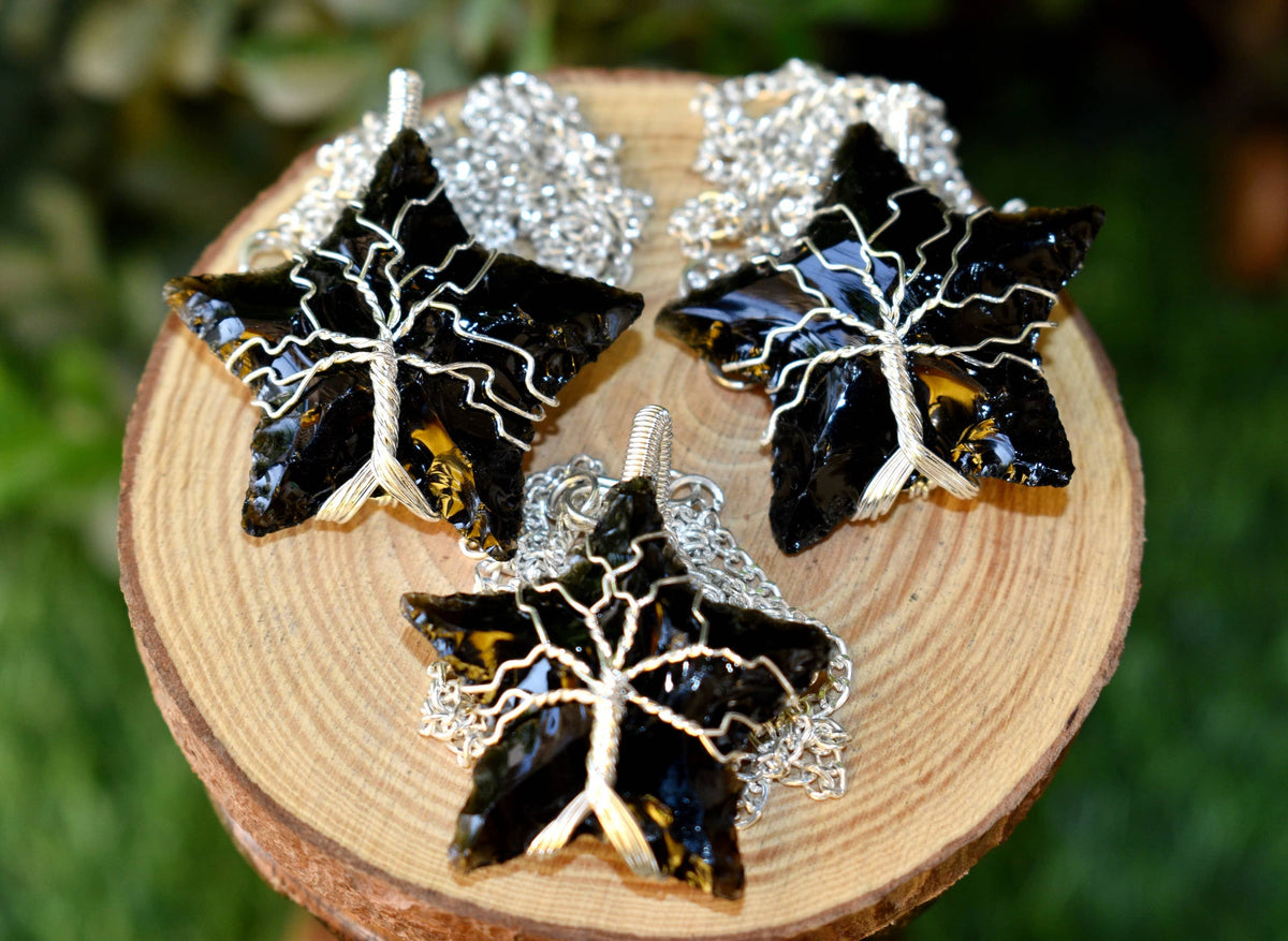 Black Obsidian Star Wire Wrapped Pendants, Silver Necklace with Chain