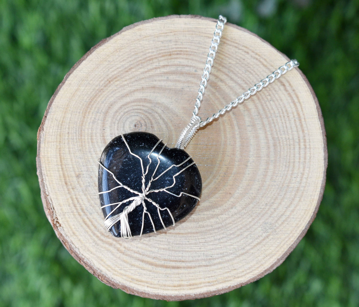 Black Obsidian Heart Silver Wire Wrapped Pendant, Heart Gemstone Pendant.