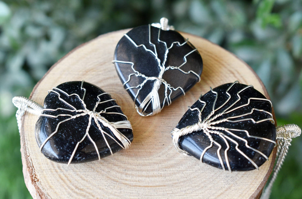 Black Obsidian Heart Silver Wire Wrapped Pendant, Heart Gemstone Pendant.
