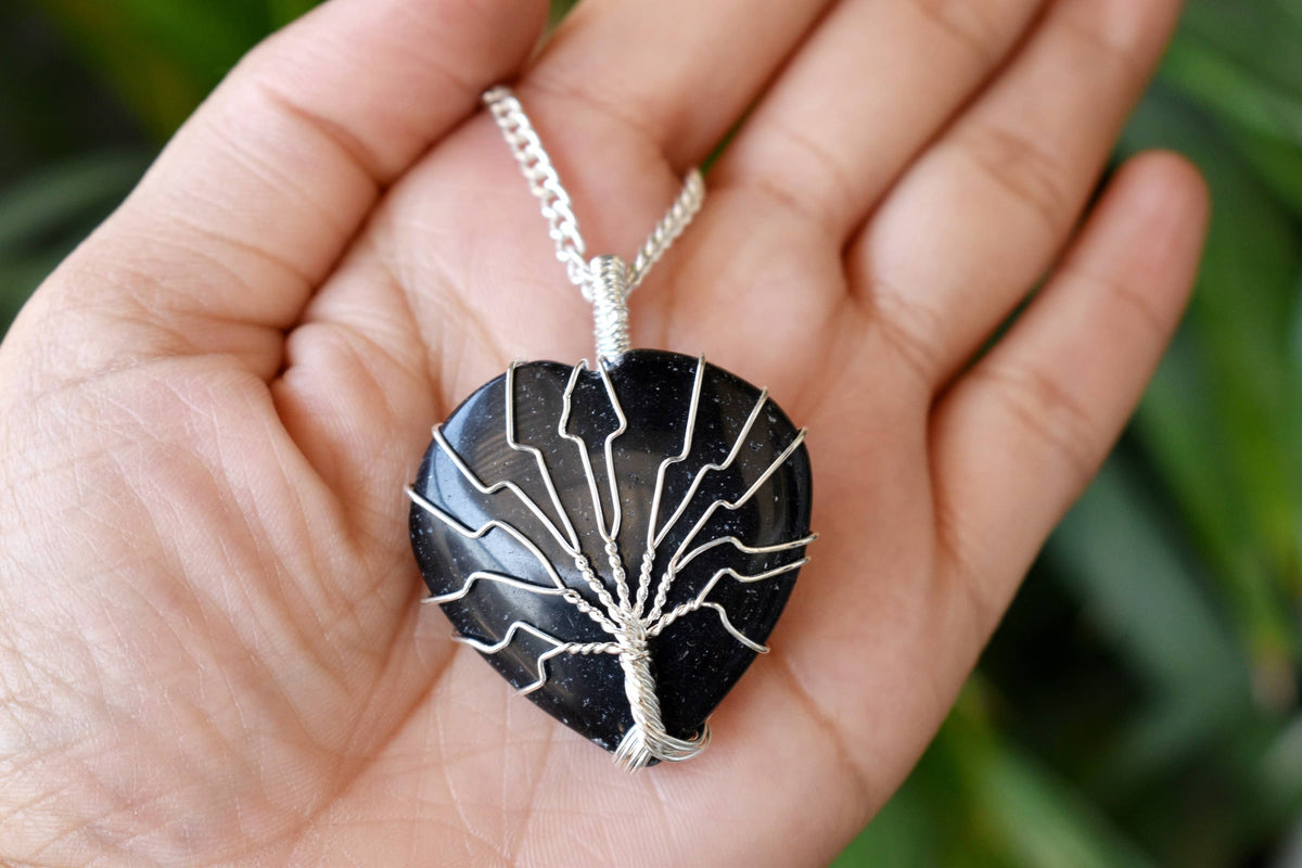 Black Obsidian Heart Silver Wire Wrapped Pendant, Heart Gemstone Pendant.