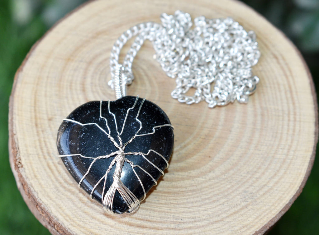 Black Obsidian Heart Silver Wire Wrapped Pendant, Heart Gemstone Pendant.