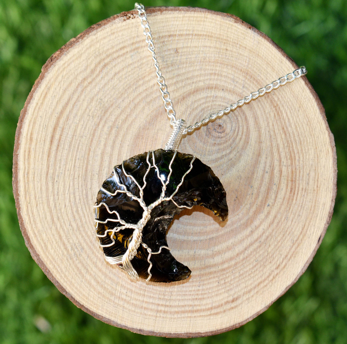 Black Obsidian Moon Silver Wire Wrapped Pendant, Crystal Moon Pendant