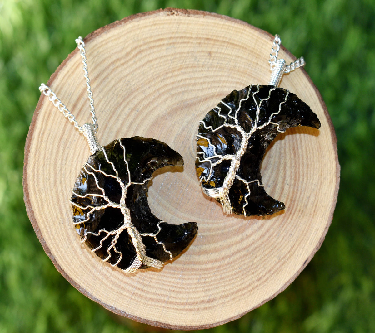 Black Obsidian Moon Silver Wire Wrapped Pendant, Crystal Moon Pendant