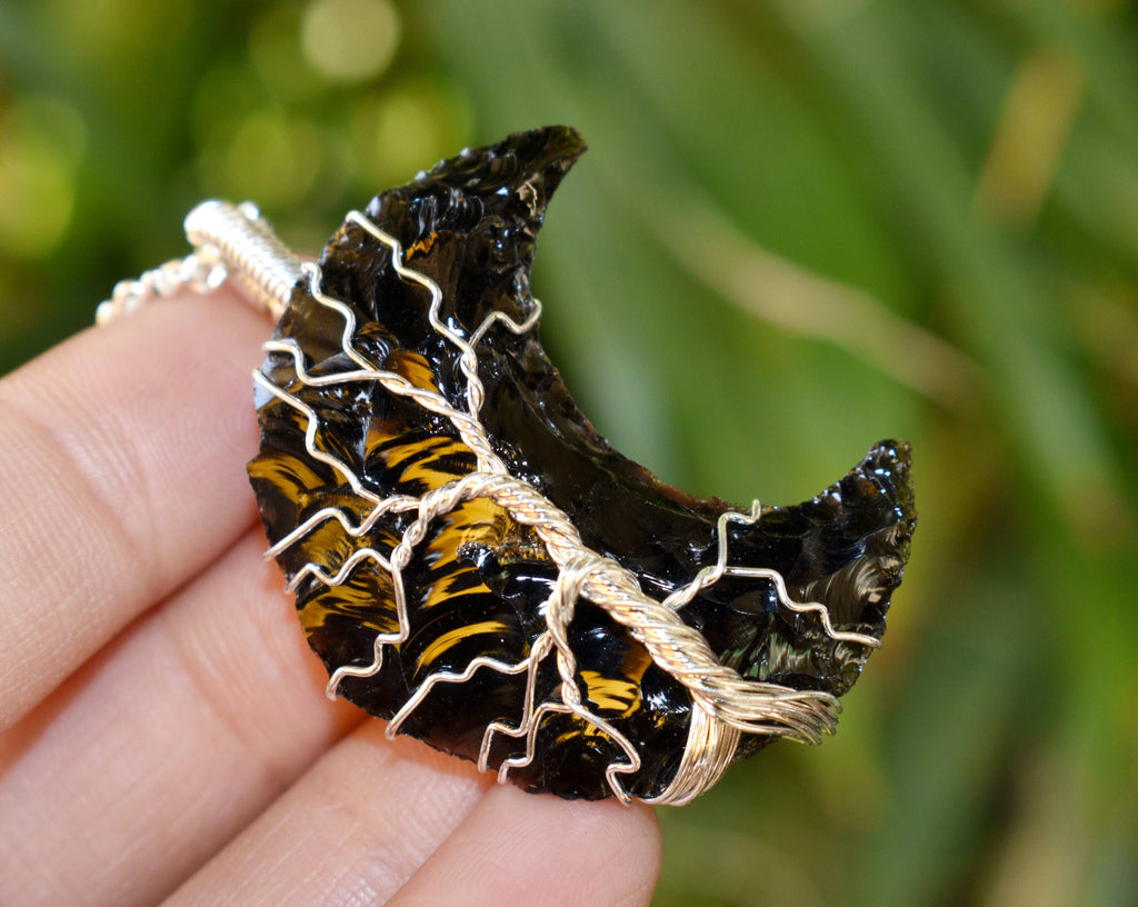 Black Obsidian Moon Silver Wire Wrapped Pendant, Crystal Moon Pendant