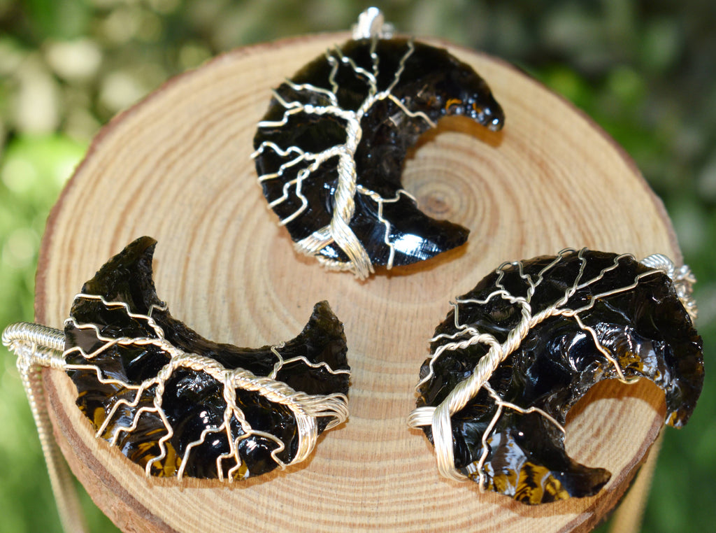 Black Obsidian Moon Silver Wire Wrapped Pendant, Crystal Moon Pendant