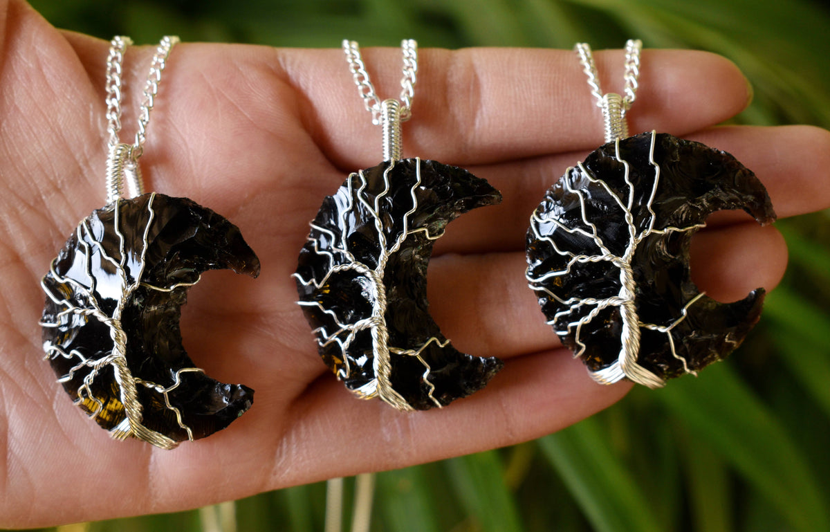 Black Obsidian Moon Silver Wire Wrapped Pendant, Crystal Moon Pendant