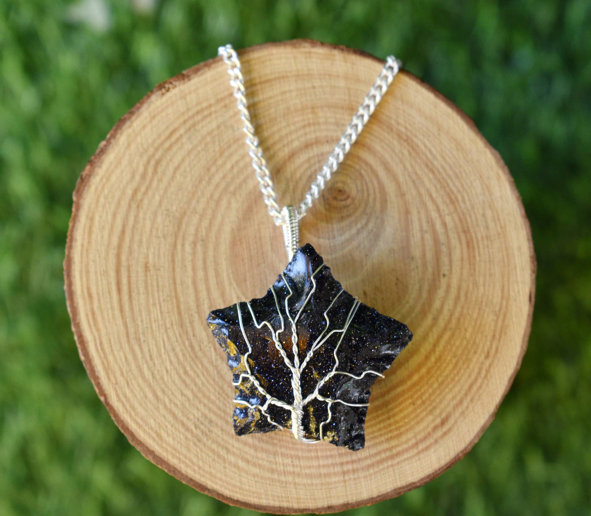 Blue Sandstone Star Wire Wrapped Pendants, Silver Necklace with Chain