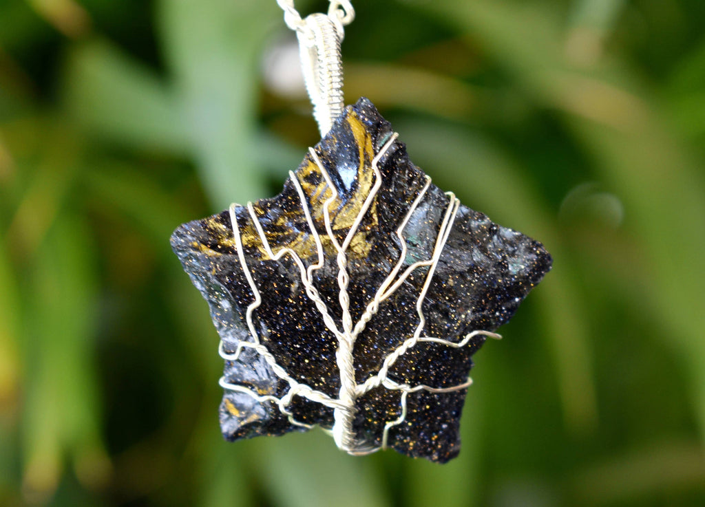 Blue Sandstone Star Wire Wrapped Pendants, Silver Necklace with Chain
