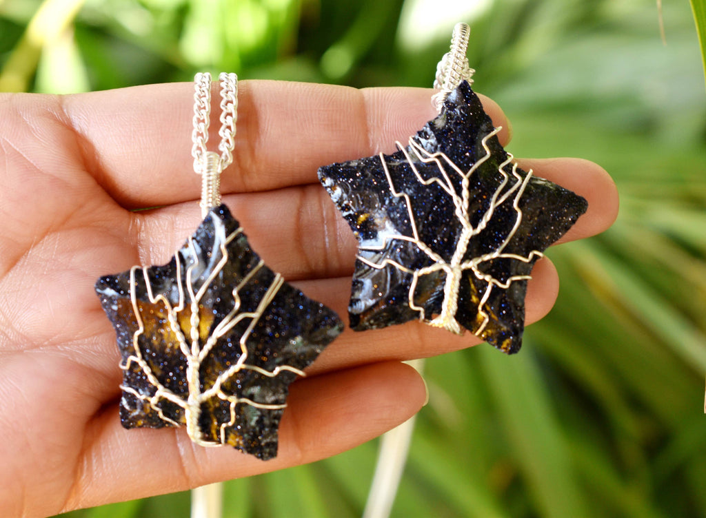 Blue Sandstone Star Wire Wrapped Pendants, Silver Necklace with Chain