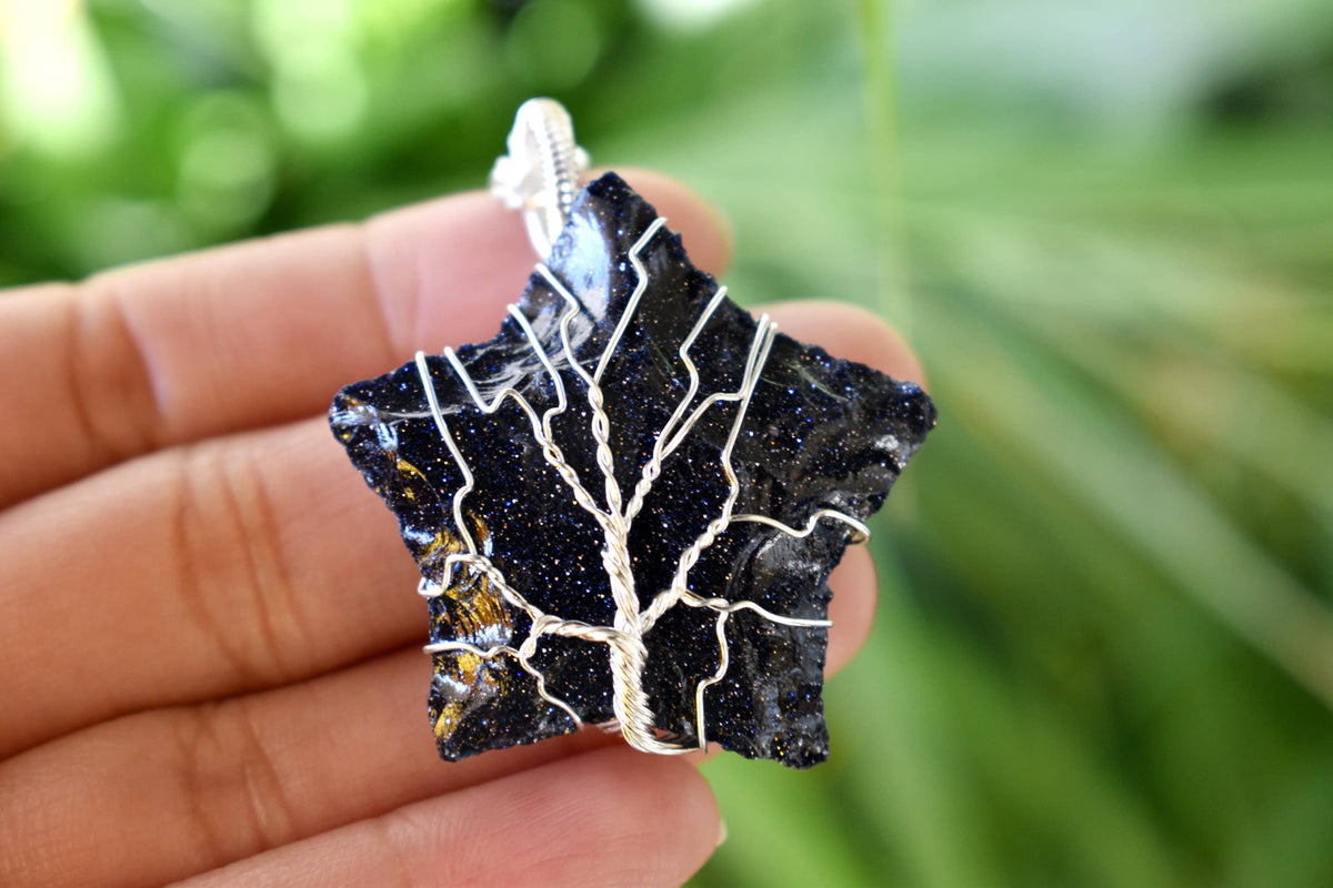 Blue Sandstone Star Wire Wrapped Pendants, Silver Necklace with Chain