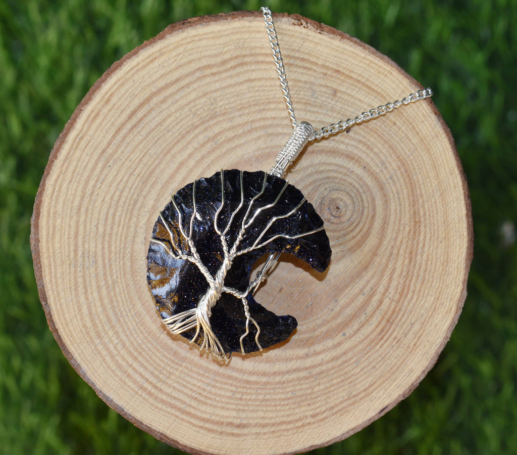 Blue Sandstone Moon Silver Wire Wrapped Pendant, Crystal Moon Pendant