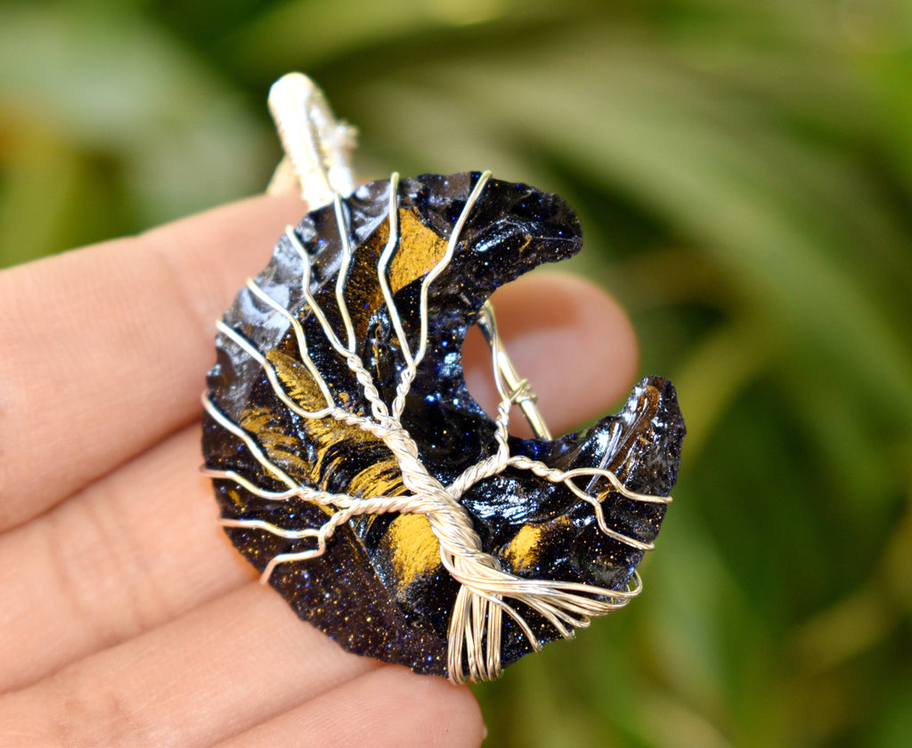 Blue Sandstone Moon Silver Wire Wrapped Pendant, Crystal Moon Pendant