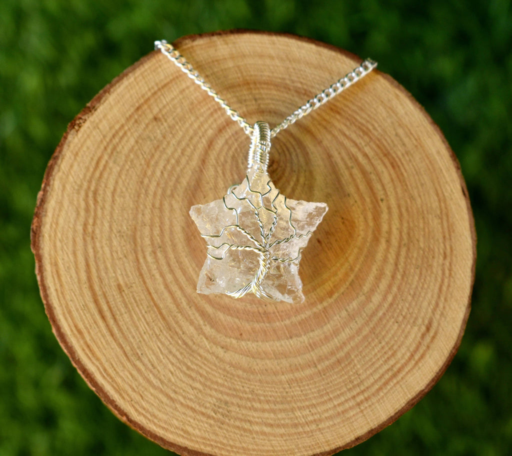 Crystal Quartz Star Wire Wrapped Pendants, Silver Necklace with Chain
