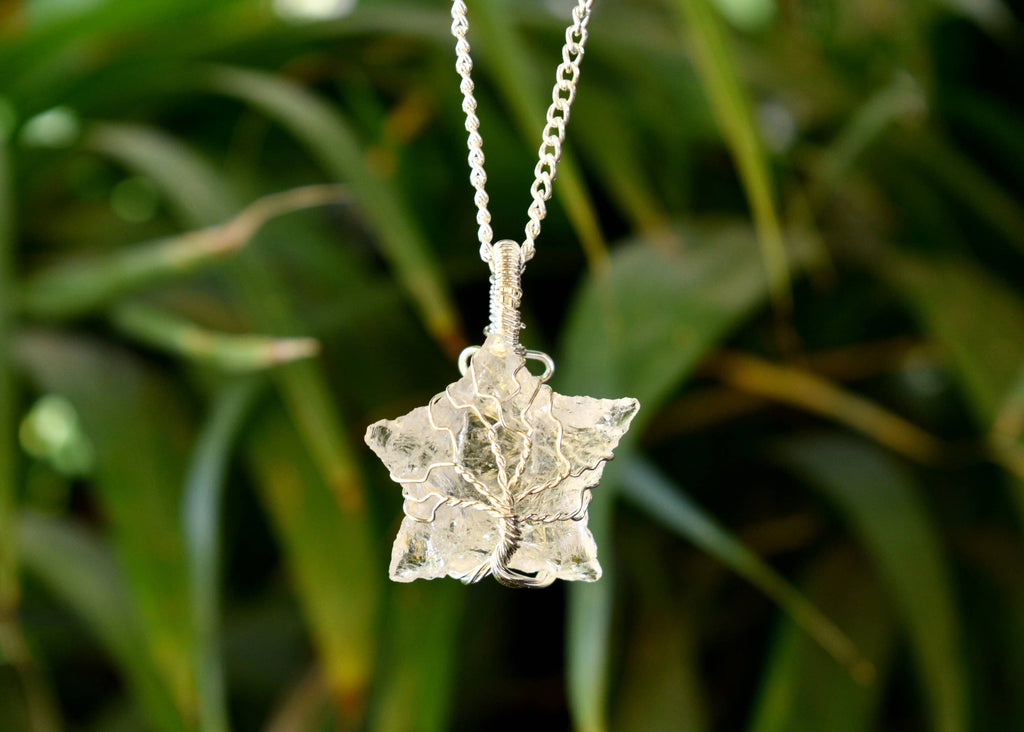 Crystal Quartz Star Wire Wrapped Pendants, Silver Necklace with Chain