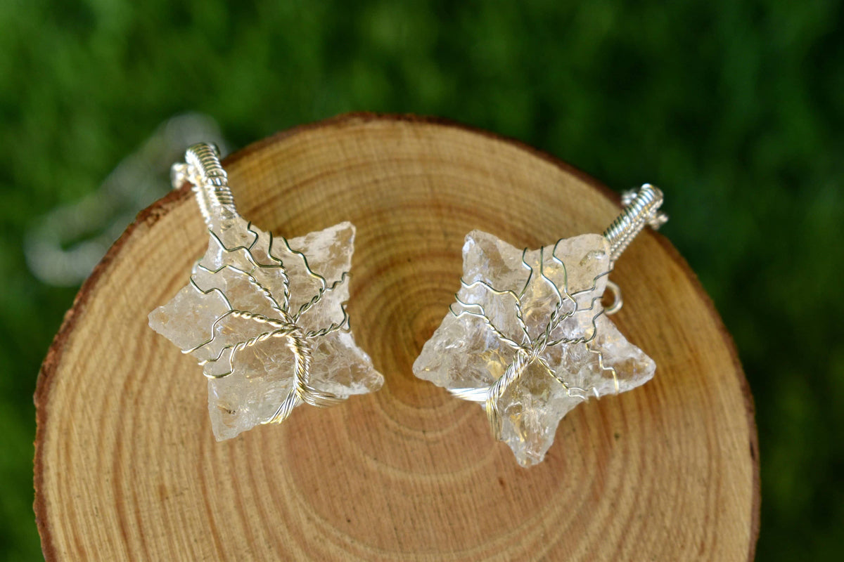 Crystal Quartz Star Wire Wrapped Pendants, Silver Necklace with Chain