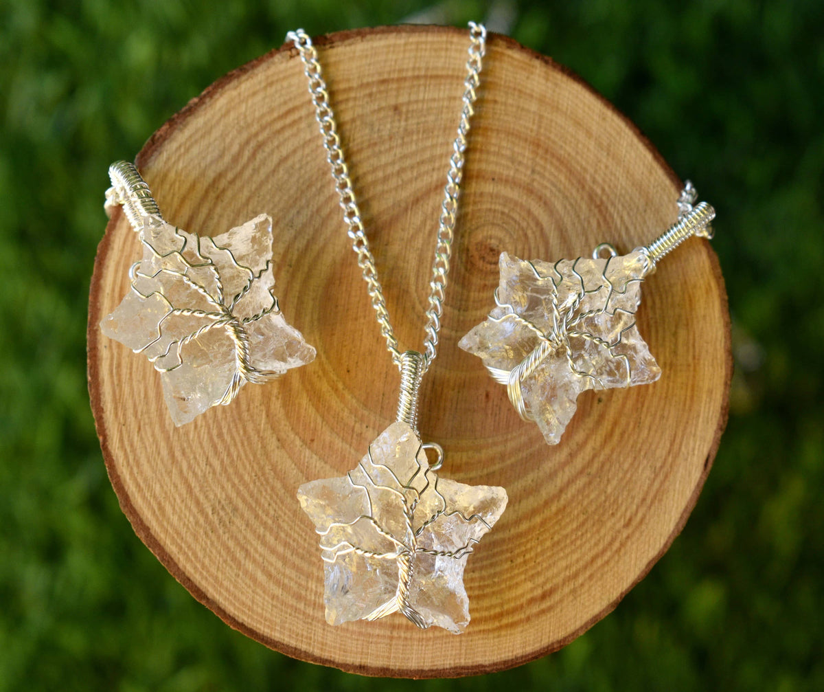 Crystal Quartz Star Wire Wrapped Pendants, Silver Necklace with Chain