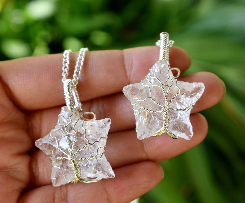 Crystal Quartz Star Wire Wrapped Pendants, Silver Necklace with Chain