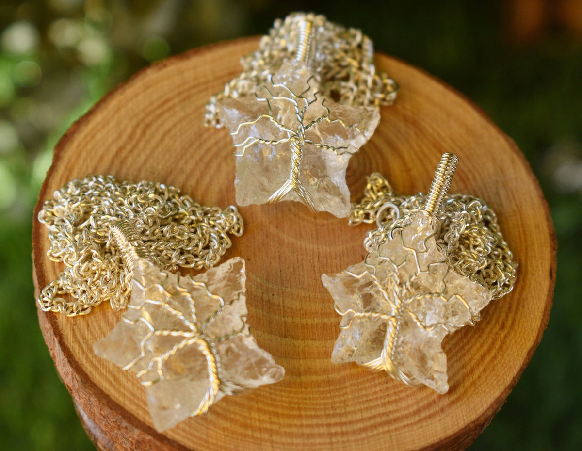 Crystal Quartz Star Wire Wrapped Pendants, Silver Necklace with Chain