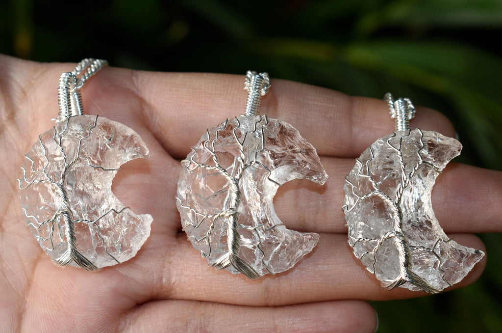 Crystal Quartz Moon Silver Wire Wrapped Pendant, Crystal Moon Pendant