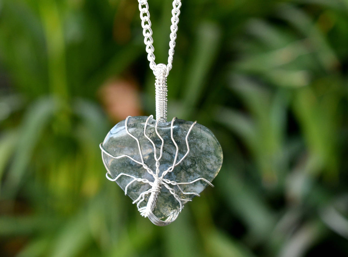 Moss Agate Heart Silver Wire Wrapped Pendant, Crystal Heart Gemstone Pendant. | | Wiccan Center