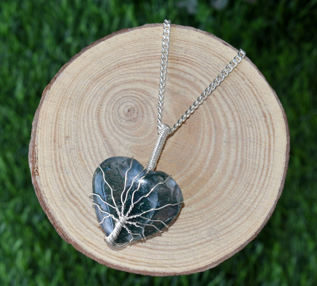 Moss Agate Heart Silver Wire Wrapped Pendant, Crystal Heart Gemstone Pendant. | | Wiccan Center